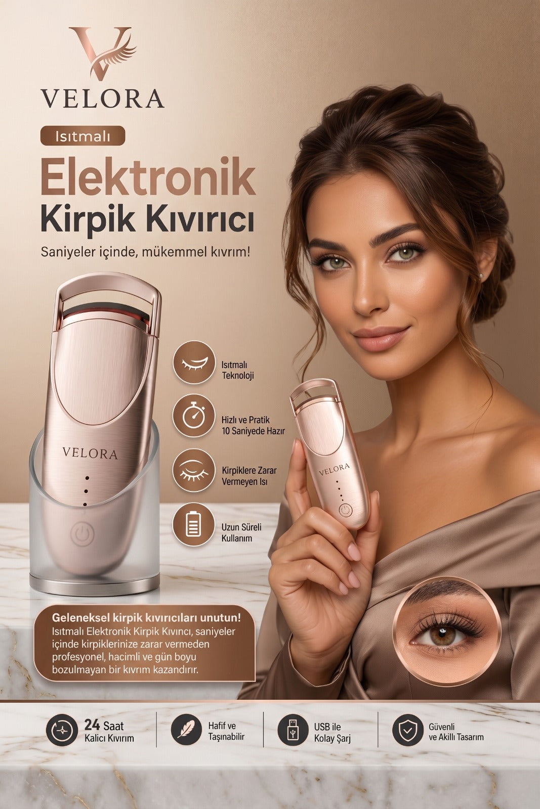 VELORA Lift™ Isı Destekli Şarjlı Kirpik Kıvırıcı – 2 Isı Modlu